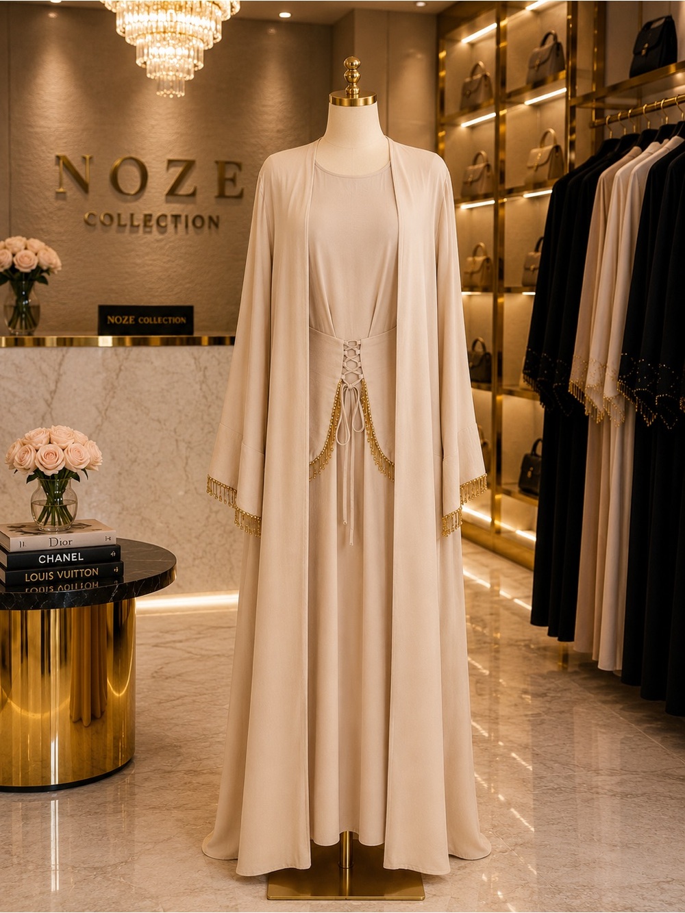 Elegant Beige Abaya with Gold Trim